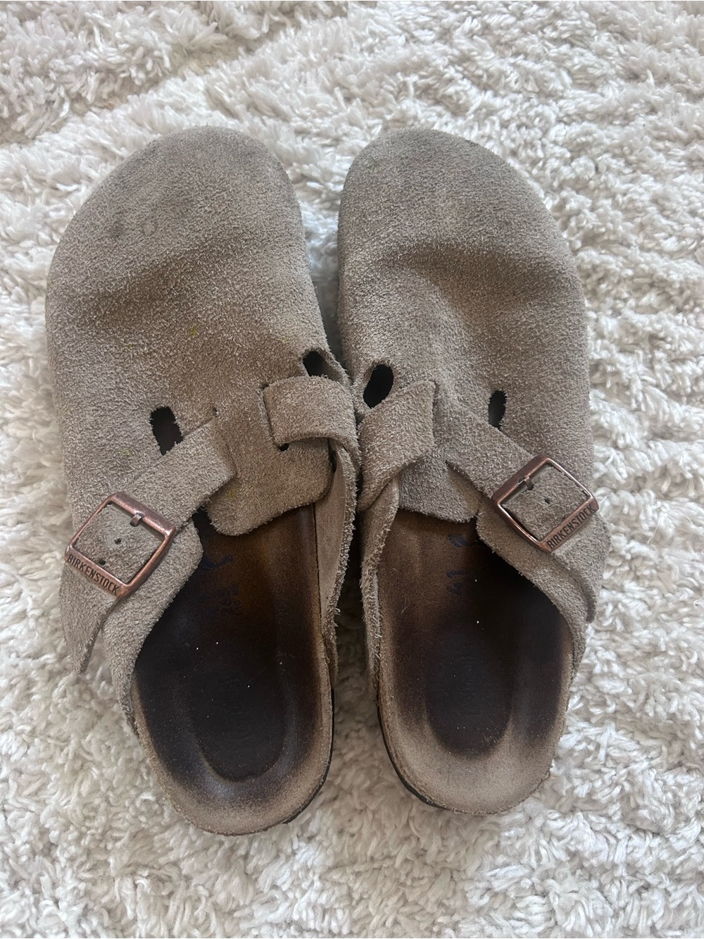 Birkenstock Suede Slip-On Clog in Taupe soft footbed